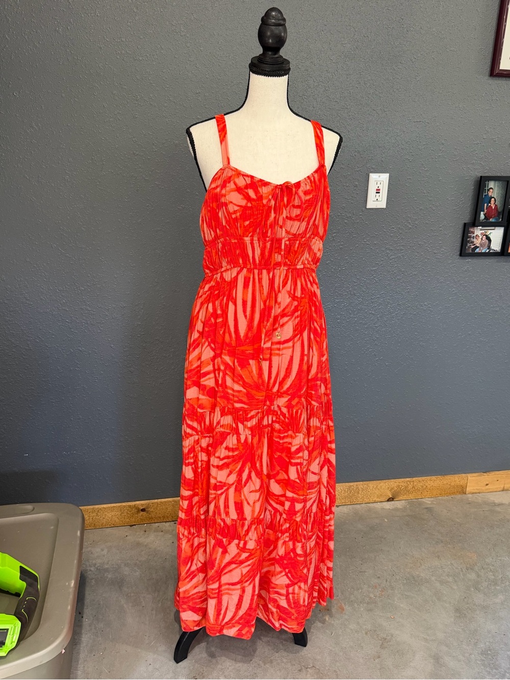 Taylor Coral-Red Adjustable Strap Tropical Maxi Dress
